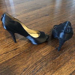 Nine West | Black Satin Peep Toe Pumps